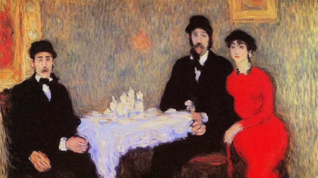 Image similar to “beautiful woman in red dress sitting with her handsome husband in a black suit, monet painting”