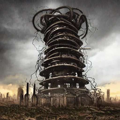 Image similar to giant evil bio-organic fleshy complex machine tower with tendrils and one eyeball at the top looking over a stormy post-apocalyptic wasteland, dystopian art