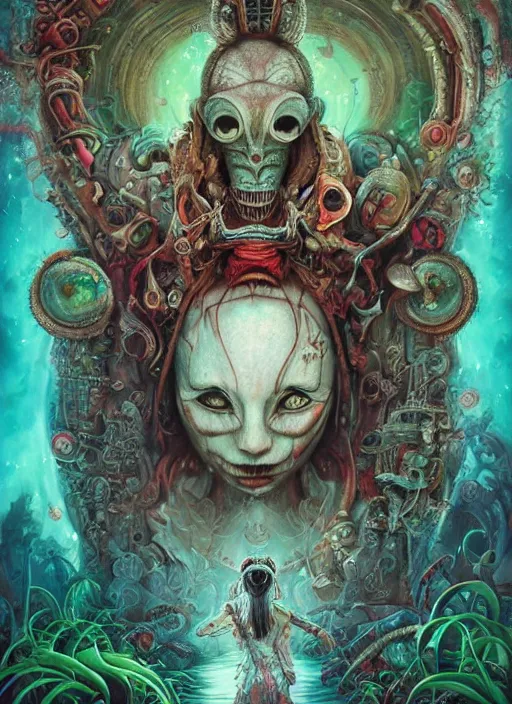 Image similar to alice in wonderland, mayan god, alien, highly detailed, cinematic, 8 k, by megan duncanson, benjamin lacombe, adrian borda, stanley artgermm, tom bagshaw, craig mullins, carne griffiths, ayami kojima, beksinski, giger, trending on deviantart, hyper detailed, horror, full of colour