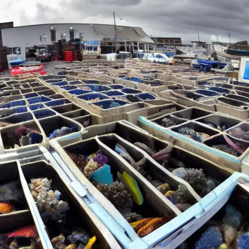 Prompt: peterhead fish market selling boxes of coral reef 4k wide angle