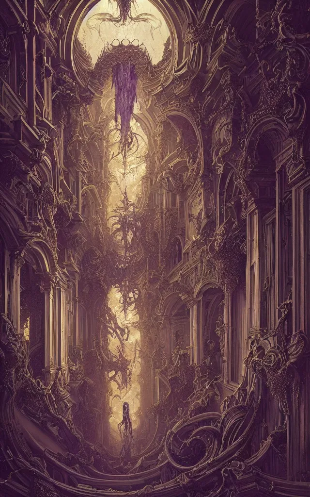 Prompt: gustav dore peter mohrbacher baroq giger arched hallways stretch into the sky, intricate hexagon honeycomb architecture, purple velvet, shimmering, dripping liquid gold, extreme detail, 8 k photograph vivid detail