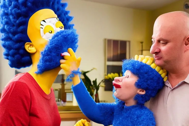 Prompt: a real life marge simpson kissing a real life homer simpson