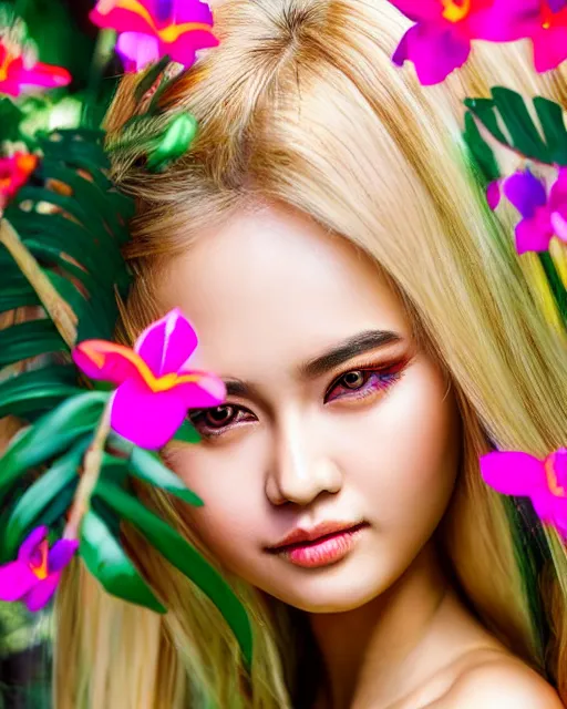 Prompt: an stunning beautiful eastern girl is surrounded by colourful tropical flowers and plants, symmetric face and eyes, upper body face shot, long straight blonde hair, visible face 5 0 mm f 2. 2 by wu daozi