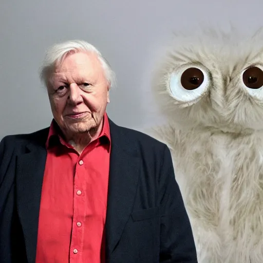 Image similar to Sir David Attenborough next to a red-eyed Mothman