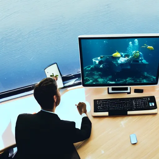 Prompt: photo of someone working at an office desk, underwater, cinematic