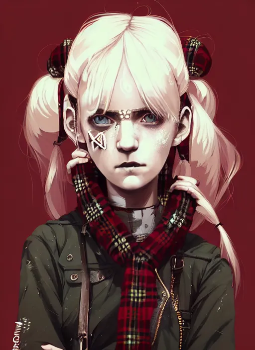 Image similar to highly detailed closeup portrait of a sewer punk pretty swedish female road warrior student, tartan garment, blonde hair pigtails with headband by atey ghailan, by greg rutkowski, by greg tocchini, by james gilleard, by joe fenton, by kaethe butcher, gradient red, black, brown and white color scheme, grunge aesthetic!!! white graffiti tag wall background