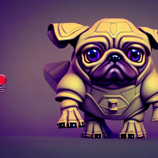 Prompt: isometric 3 d fantasy cute pug mecha, smoth 3 d illustration, cinematic matte painting, soft render, servando lupini, handpaint texture, blender, 3 dcoat