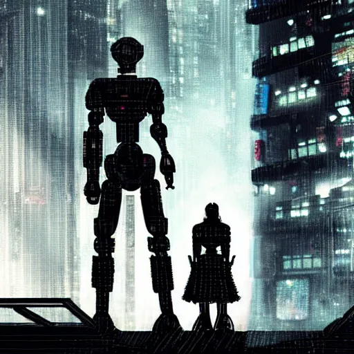 Image similar to a heartfelt unspoken love story between two robots overlooking a crumbling empty city, third person, cyberpunk, dystopia, rain, bittersweet