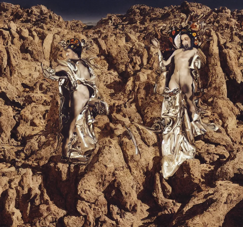 Image similar to portrait of salvador dali wearing a crown and costume with jewels in a dry rocky desert landscape, visible sky and sunny atmosphere, alien spaceship by giger, film still from the movie by alejandro jodorowsky with cinematogrophy of christopher doyle and art direction by hans giger, anamorphic lens, kodakchrome, very detailed photo, 8 k