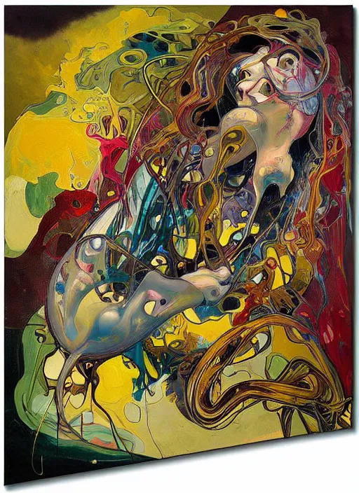 Prompt: abstract expressionism oil painting intertwined with a mutant biomorphic biological human structure, spray paint texture, drips, impasto paint, 3 d graffiti texture, brushstrokes, abstract, highly detailed, hyperealistic fresh paint, harmonious, chaotic, colorfull, in the style of alphonse mucha