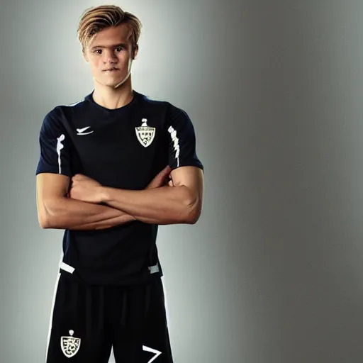 Image similar to a realistic detailed photo of a guy who is an attractive humanoid who is half robot and half humanoid, who is a male android, soccer player martin ødegaard, shiny skin, posing like a statue, blank stare, in a living room, on display, showing off his muscles