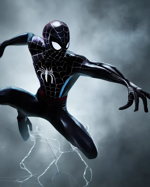 Image similar to photograph of a symbiote and spider - man hybrid, dslr, cinematic, volumetric lighting, 8 k resolution, photorealistic