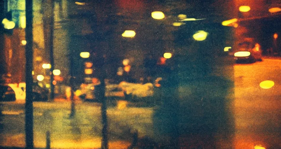 Prompt: man screaming in frustration in the front seat of his car that is parked in a city alleyway, night time, illuminated by street lights, technicolor, lomography cn 8 0 0, grainy abstract experimental expired film photo by saul leiter, cinematic colors, oversaturated filter, reflection, refraction, atmospheric detail