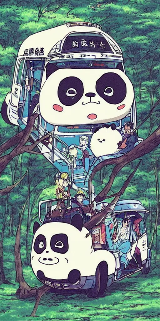 Image similar to a panda bus in japan like totoro, 1990s anime, full color, tarot card the chariot, highly detailed ,