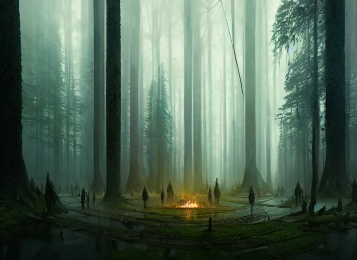 Image similar to the forest council, environment, illustration, symmetrical, smoky, unreal engine, colors, epic scene, fantasy art by greg rutkowski, octane redner, golden raito, high quality, intricate details, highly details, intricate, atmosphere, highly detailed, matte painting, cinematic, deviantart, realistic, concept art, 4 k