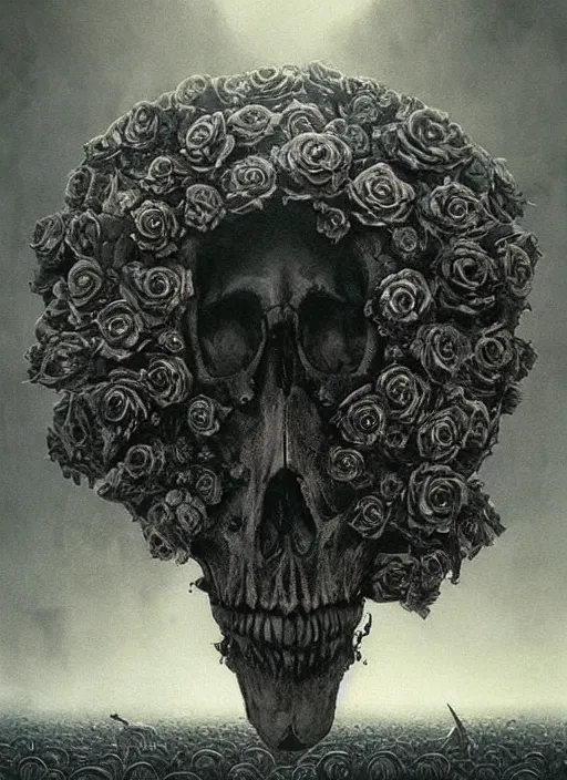 Image similar to skull surrounded by black roses, fog, cinematic shot, denis villeneuve movie still, wayne barlowe concept art, detailed, very coherent, vintage, masterpiece by emil melmoth