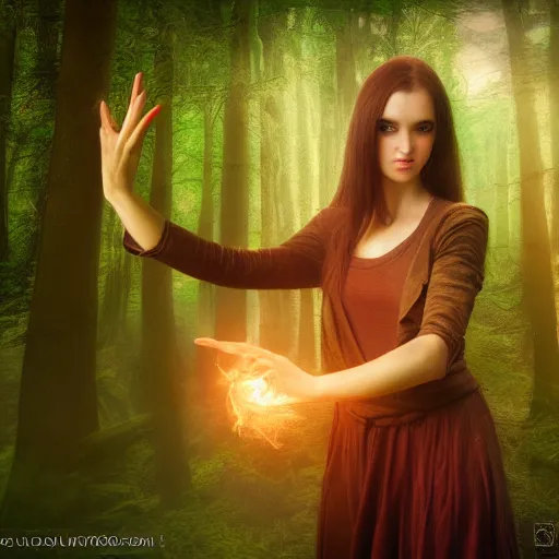 Image similar to female warlock casting magic spell ,fantasy, D&D, HDR, natural light, dynamic pose, award winning photograph, 8k, Mucha style,