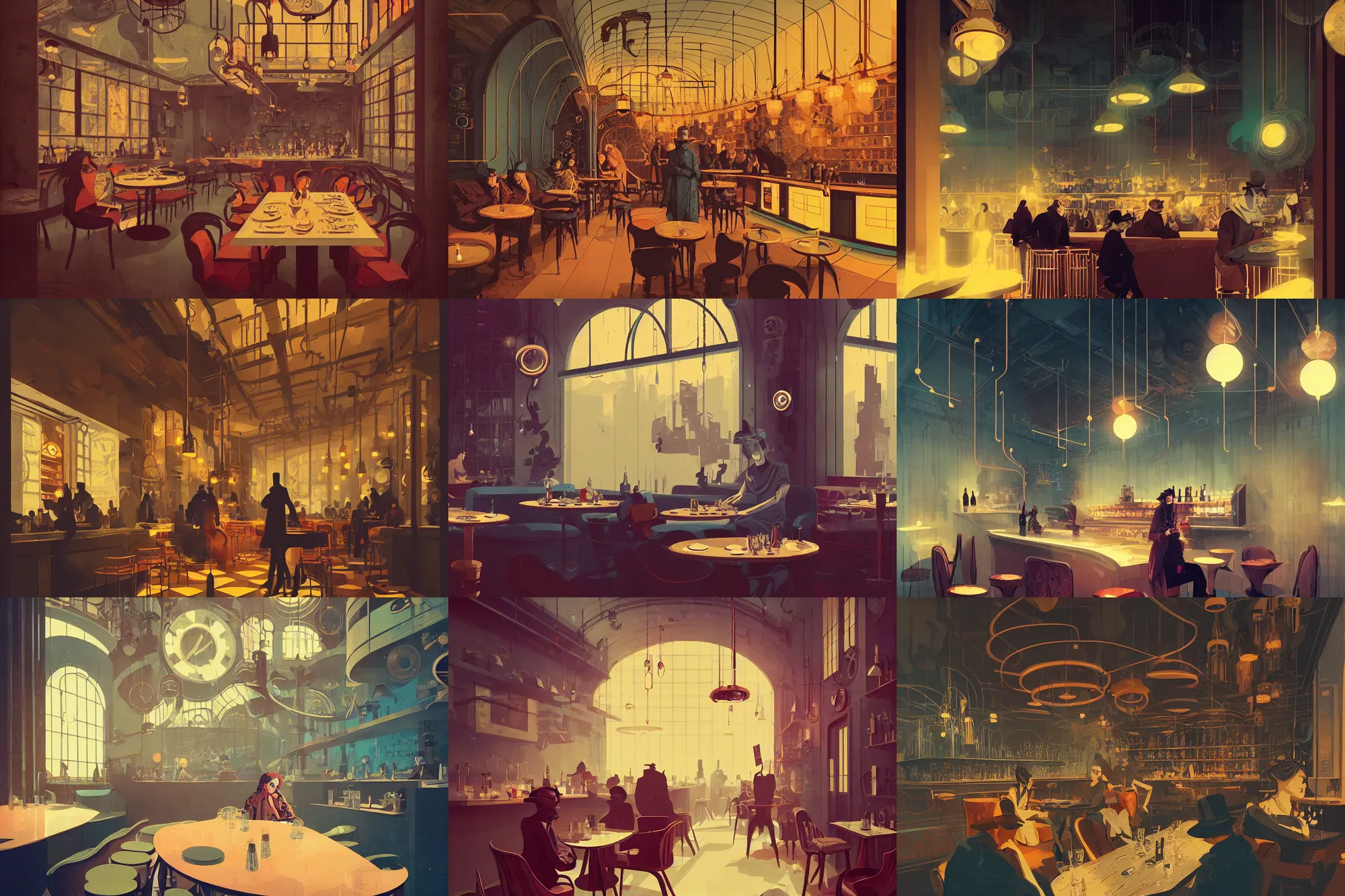 Prompt: illustrated portrait interior steampunk cafe, modern art deco, colorful, mads berg, christopher balaskas, victo ngai, fine texture, detailed, muted colors, dynamic composition, matte print, wide angle, moody