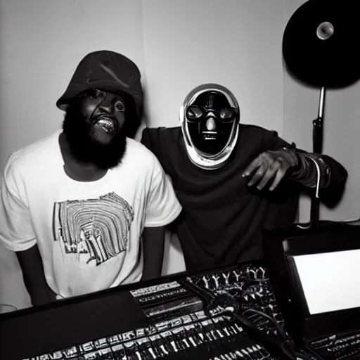 Image similar to MF DOOM and Beatles recording in a studio, 2000's, Kodak 5219