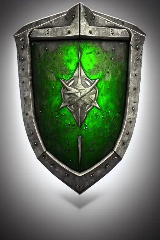 Image similar to green medieval shield, powerful fantasy epic legends, game icon stylized, digital illustration radiating, a glowing aura, global illumination, ray tracing, 8 k high definition, intricate details, octane render, unreal engine, trending on arstation