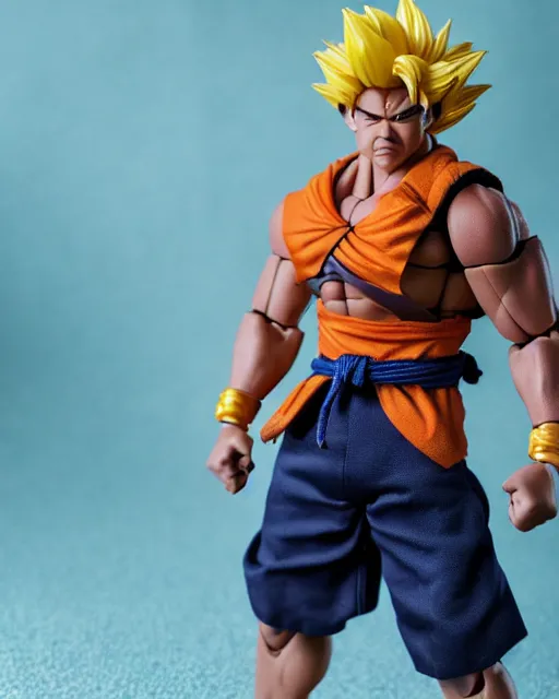 Image similar to a toy action figure of a fusion of dwayne johnson and goku, real life, studio lighting, professional photography