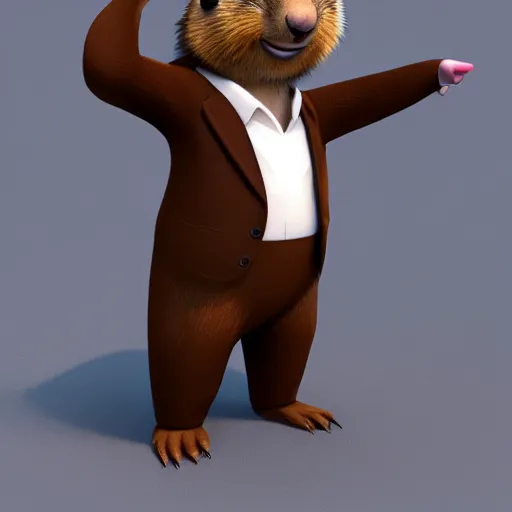 Image similar to cute anthro brown marmot in a suit while holding a pencil, cartoon, digital art, 3 d rendered in octane, pixar character, blender, maya, shadows, lighting