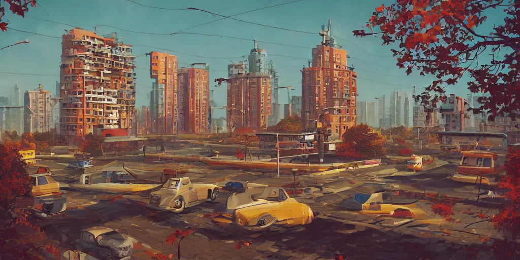 Image similar to retrofuturistic autumn post soviet city in style of Simon Stalenhag