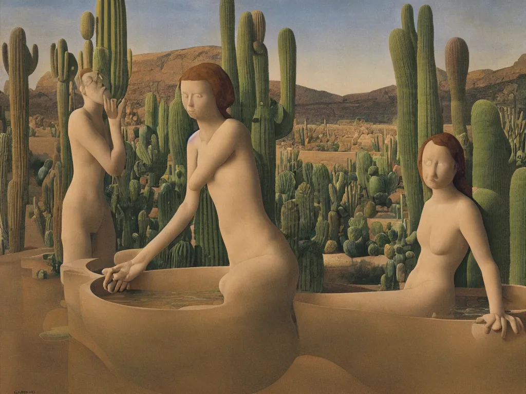 Image similar to Woman sculpted by Henri Moore taking a bath alone in a strange, giant ceramic basin sculpted river. Alien, selenar, crater landscape with cacti. Painting by Georges de la Tour, Alex Colville, Balthus