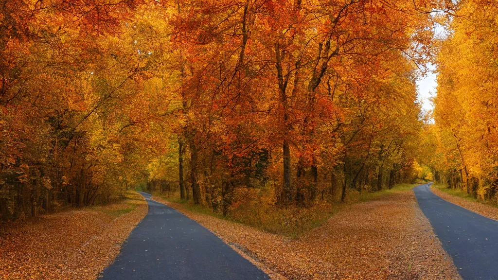 Prompt: a photograph of a country road lined on both sides by maple and poplar trees, in the autumn, red orange and yellow leaves, some leaves have fallen and are under the trees and on the road