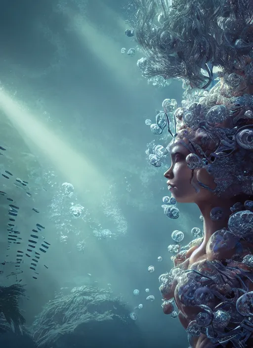 Image similar to beauteous underwater biomechanical incredible hair, crystalline masterpiece incrustations, hyperdetailed face, elegant pose, movie still, intricate, octane render, cinematic forest lighting, cgsociety, unreal engine, crepuscular rays, god rays, caustic lighting