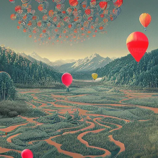 Image similar to landscape with forest, river and mountains made of all kinds of baloons , concept art, huge scale, high detail, sci fi by James Jean