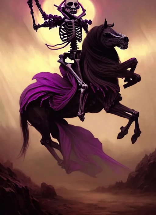 Image similar to skeleton necromancer raising a horse, purple palette, cave landscape, fantasy magic, dark light night, intricate, elegant, sharp focus, illustration, highly detailed, digital painting, concept art, matte, art by wlop and artgerm and greg rutkowski and alphonse mucha, masterpiece