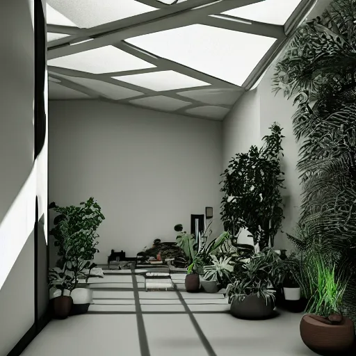 Prompt: bohemian sacred space, many house plants, architecture, hospital, natural architecture, grass indoor, hospital bed, natural lighting, beautiful, indoor garden space, sanitary, beautiful, james turell rome, architecture, arch vis, sustanible, redshift, octane render