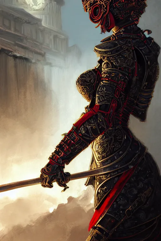 Prompt: portrait knights of Zodiac girl, metallic black and red color reflected armor, in ruin Agora of Athens sunrise, ssci-fi, fantasy, intricate, natural atmosphere, elegant, golden light, highly detailed, digital painting, concept art, smooth, sharp focus, illustration, art by N I X E U and tian zi and WLOP and loish and greg rutkowski