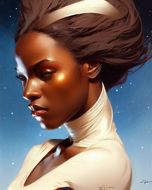 Image similar to Portrait of very very very very very very beautiful nigerian woman, spacesuit, blue eyes, real life skin, intricate, elegant, highly detailed, artstation, concept art, smooth, sharp focus, art by artgerm and greg rutkowski and alphonse mucha