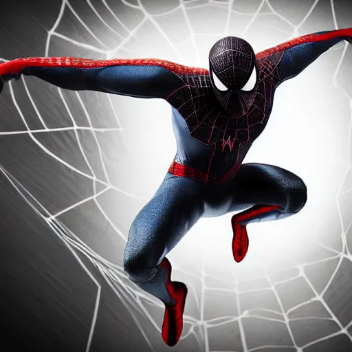 Image similar to black spider - man suit with white web lining, cinematic, volumetric lighting, realistic, hyperdetailed, photorealistic, photograph