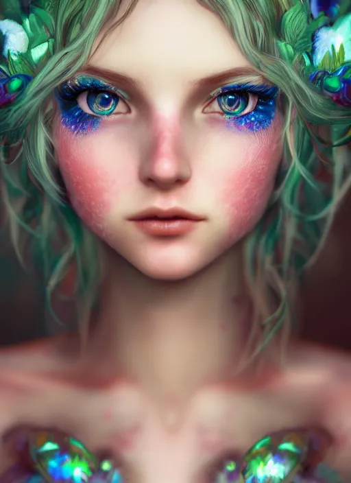 Image similar to portrait of a gorgeous fairy princess of the forest, detailed perfect blue eyes, highly detailed iridescent floral pattern skin, ultra realistic, cinematic lighting, depth of field, artstation, NeoArtCorE