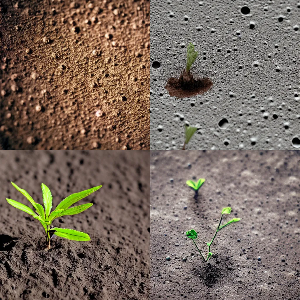 Prompt: plant sprouting on the moon soil, close up macro photography