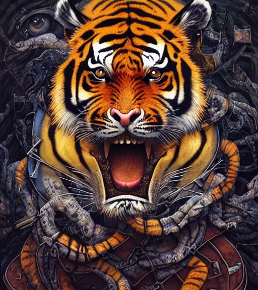 Prompt: portrait, nightmare anomalies, tiger by dariusz zawadzki, kenneth blom, mental alchemy, james jean, pablo amaringo, naudline pierre, contemporary art, hyper detailed