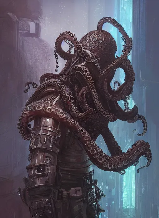 Prompt: An octopus wearing medieval knights armor but at the same time looking cyberpunk, intricate, elegant, digital painting, concept art, smooth, sharp focus, illustration, from StarCraft by Ruan Jia and Mandy Jurgens and Artgerm and William-Adolphe Bouguerea