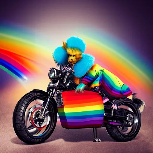 Image similar to wide angle full body, jacket wearing fluffy cute rainbow kitten wearing a black leather motorcycle jacket, cinematic concept art