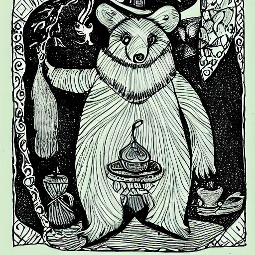 Image similar to Witch bear. Old Russian fairytale illustration.