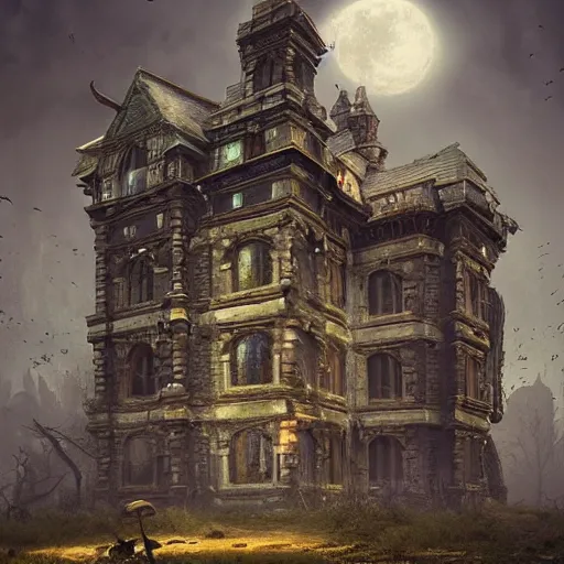 Prompt: a large haunted building with a lot of skulls on top of it, tendrills, a detailed matte painting by filip hodas, cgsociety contest winner, fantasy gothic art, rendered in unreal engine, unreal engine 5, unreal engine