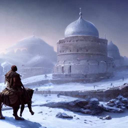 Prompt: Landscape of snowy mountains where we can perceive in the distance two ancient roman centurions on horses crossing the snow, distant imperial russian citadel with black domes and spires, snow storm, highly detailed, digital painting, artstation, concept art, illustration, art by Bayard Wu and Marc Simonetti and Diego Gisbert Llorens