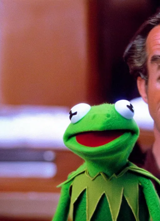 Image similar to film still of Kermit the Frog as Martin Riggs in Lethal Weapon, 4k