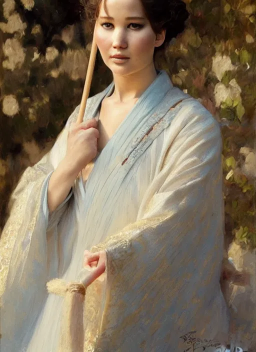 Prompt: detailed portrait of jennifer lawrence wearing hanfu, natural light, painting by gaston bussiere, craig mullins, j. c. leyendecker