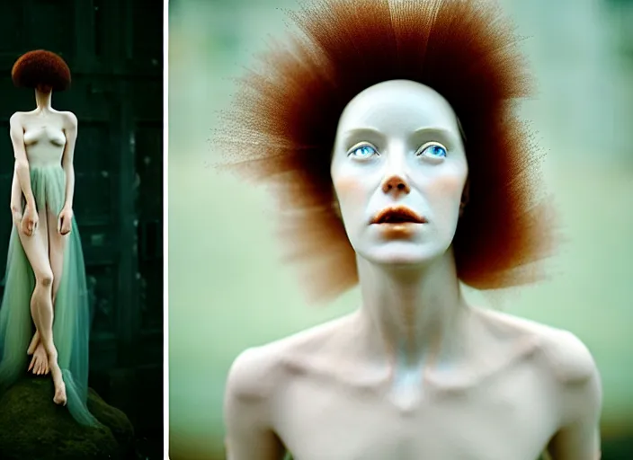 Image similar to cinestill 5 0 d photo portrait of a beautiful hybrid woman - statue in style of tim walker by roberto ferri, body skin weird marble, hair is intricate tulle, 5 0 mm lens, f 1. 2, sharp focus, ethereal, emotionally evoking, head in focus, bokeh volumetric lighting, tonal colors outdoor