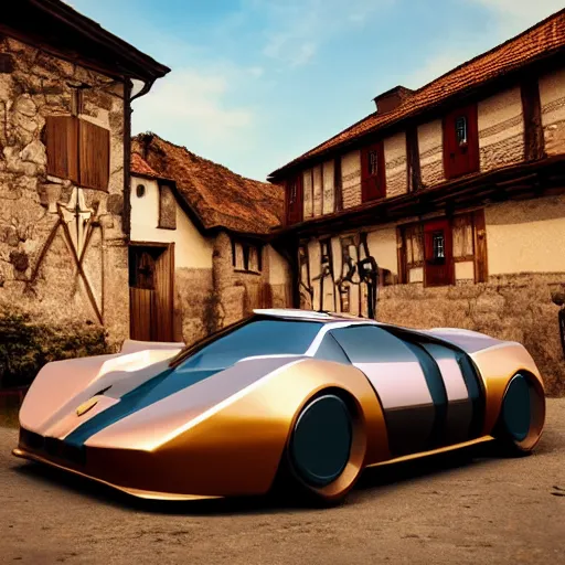 Prompt: a futuristic car in a rural wooden leather medieval village, golden hour time, digital art, dramatic, cinematic, realistic, low depth field effect, trending on artstation