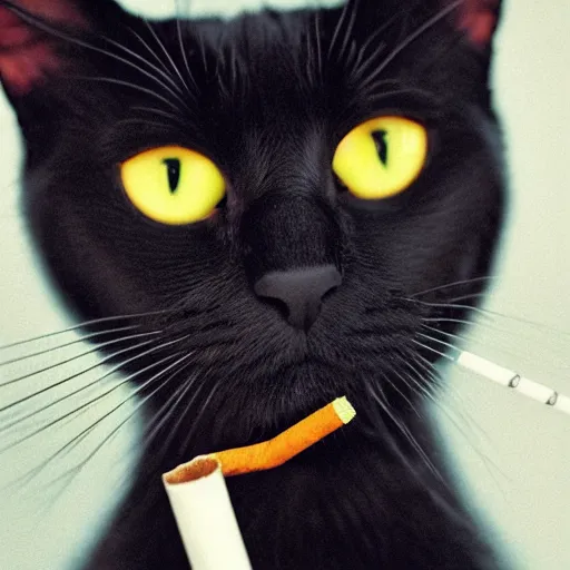 Image similar to a portrait of a black cat holding a cigarette, intricate, cinematic lighting, highly detailed, smooth, sharp focus, hyperrealism