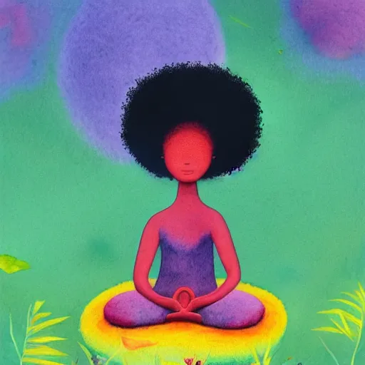 Image similar to a black girl with a colorful afro and big colorful eyes meditating in an african zen garden at sunset, bright colours, bokeh!!, watercolor, volumetric wool felting, macro photography, children illustration, by goro fujita